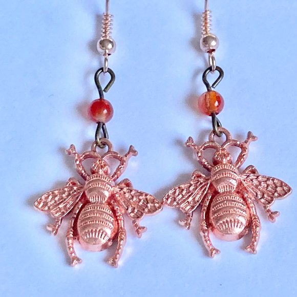 Carnelian Bead Bumble Bee Earrings Rose Gold Plated Dangle Queen Bea Orange - Picture 8 of 12